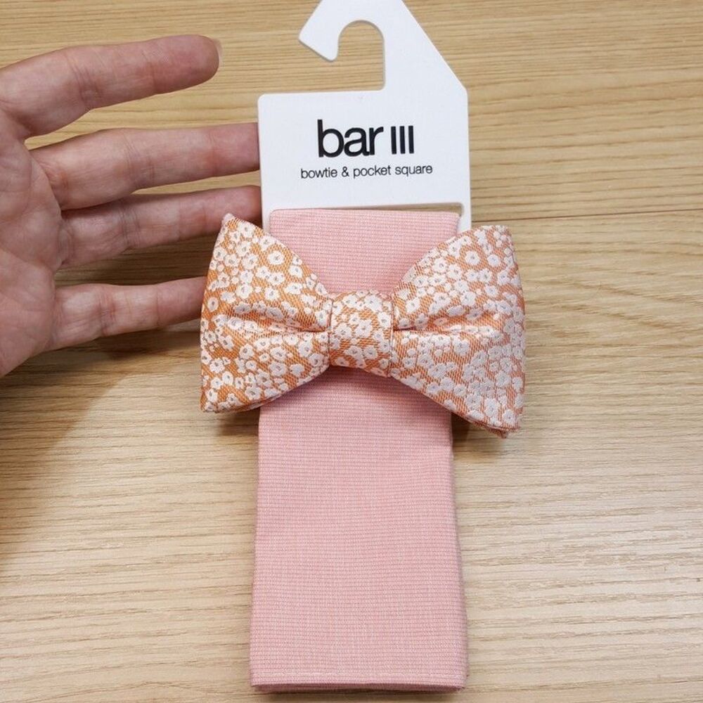 BAR III Mens Coral Orange Pink Floral Textured Bow Tie Pocket Square Set